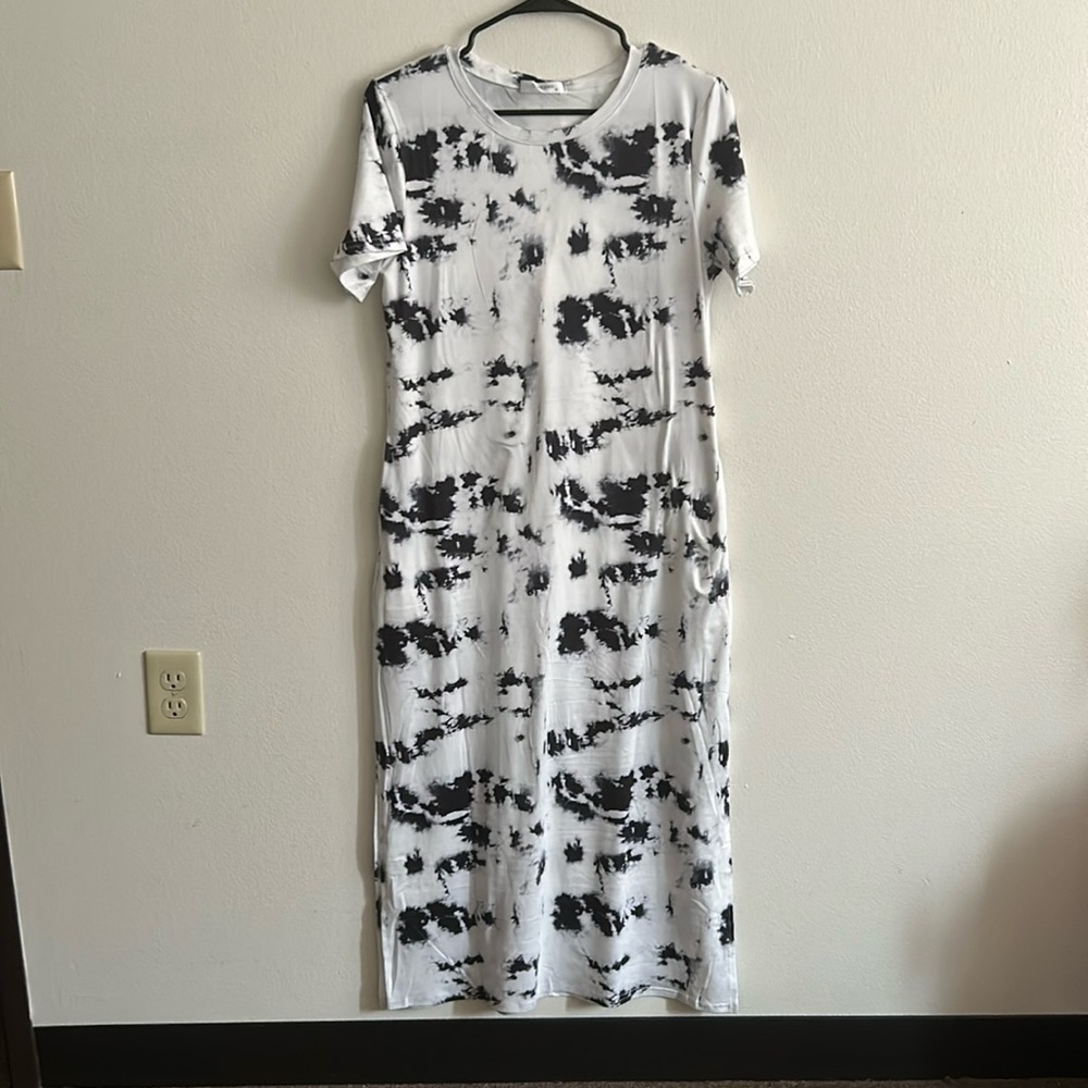 NWT Naggoo Navy/White Polyester/Spandex Tie Dye Maxi Short Sleeve Dress.Size:S